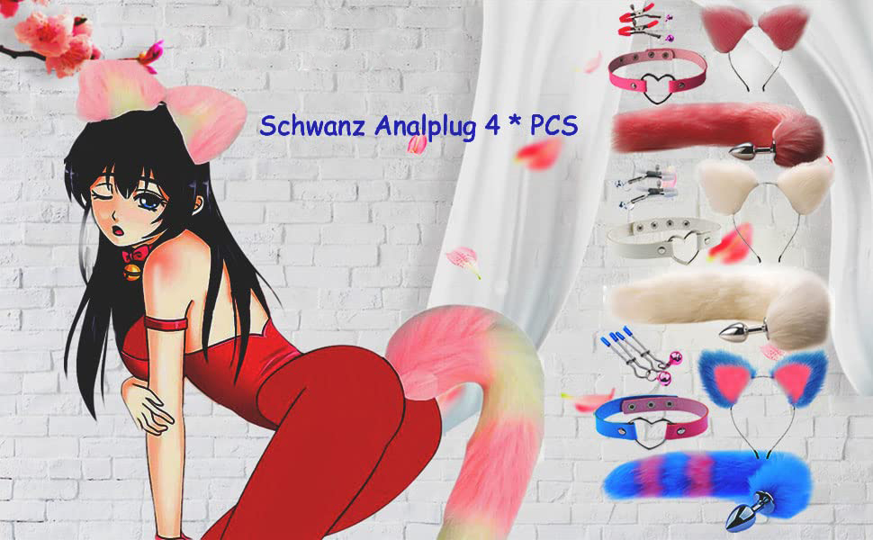 Analplug Paaren Cosplay mit Fuchsschwanz+Plüsch Katze Ohren Stirnbänder Haarschmuck Sex Spielzeug 4 PCS (pink) 8 wc66laic 12034