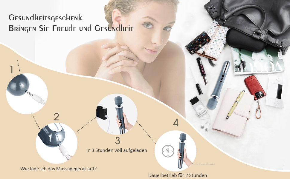 Handheld Massagegerät Vibration, Kabellos Silikon Massager Wand mit 5 * 10 Vibrationsmodi Massagestab 10 ars40ikf 7068
